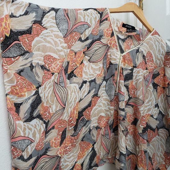 Angl Tropical Flower Print Half Zip Flowy Blouse Size S - Picture 5 of 7